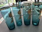 4 Rare Vintage Turquoise Blue Mid Century W gold Leaf Tom Collins Cocktail Glass