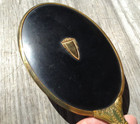 Antique Hand Held Beveled Oval Glass Vanity Mirror Black Brass Bronze Unmarked