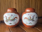 Ginger Jars Set Of 2 Chinese Republic Red   Gold Dragon phoenix Porcelain 6 
