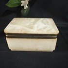 Vintage Mid Century Alabaster Jewelry  trinket Box With Gold Trim 1950-1970