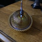 Vtg  Indiana Glass Golden Amber Hen On Nest Stippled Beaded Hon Autumn