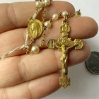 Vintage Faux Pearl Beaded Goldtone Crucifix  Cross Rosary
