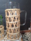 Vntg Glass And  Wicker Martini   Cocktail Pitcher And Glass Set  Mcm  Bar Cart