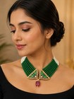 Green Beaded Necklace Set   Brass Gold Plated   Pearl   Stone Statement Jewelry
