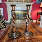 Pair Antique English Oak Open Barley Twist Candlesticks Brass Cups Read