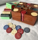 Early 1900s Vintage Poker Set In Wood Caddy   Extra Antique Clay Gambling Chips 