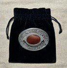 Vintage Style Western Silver Tone Belt Buckle Red Cabochon Stone Engraved Oval
