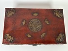 Antique 19th C Chinese Red Leather Box Qing Dynasty Gold Bats Longevity Symbol