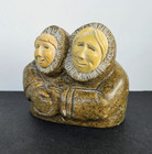 Vintage Inuit Eskimo Soapstone Hand Carved Sculpture Mother   Child Signed