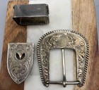 Vtg R a  Guthrie Co 3-piece Western Ranger Belt Buckle Set Silver Overlay Usa Vg