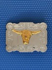 Vintage Western Longhorn Steer Belt Buckle Gold Silver Tone Floral Cowboy