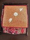 Vintage Wicker Sewing Basket Floral Woven Straw Embroidered Flowers 14    High