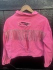 Pink Distressed Fringe Denim Jacket Button Closure Collared Short Western Style