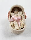 Antique Dollhouse Miniature Baby In Crocheted Layette  Porcelain Bassinet Marked