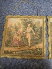 Vintage French Style Wall Tapestry Art Set Of 2 11x11    Romantic Scenes Gold Trim