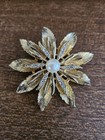 Vintage Large Flower Faux Pearl Rhinestones Gold Tone Brooch Pin