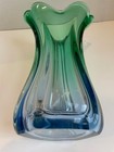 Vintage Floral Blue Green Glass Vase 9    Mid-century Modern