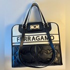 Salvatore Ferragamo Gancini Iconic Handbag Tote Bag Black White Leather