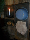 Primitive Metal Cupboard  make Do   Washroom - Candle Light W  Lye Soap  Basin  