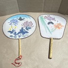 Japanese Uchiwa Fans Pair Floral Butterfly Designs Bamboo Handles