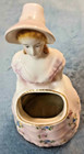Vintage Lady In Floral Dress With Basket Planter Vase 
