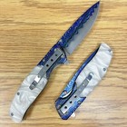 8  Damascus Marble White Bule Spring Assisted Folding Pocket Knife Open Blade