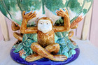 Vintage Majolica Ceramic Monkey Bowl Mid-century Centerpiece - As Is