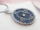 Vtg Black Art Deco Silver Tone Filigree Pendant On Sterling Silver Necklace 14 