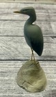 Mcm Vintage Carved Blue Heron Bird On Driftwood Signed  poisson  7  Inches Tall