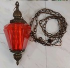 Mid Century Red Diamond Vintage Swag Glass Globe Antique Hanging Lamp Light 