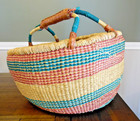 Large Woven African Bolga Ghana Market Basket Leather Handle 16x10   