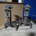 1820-1860 Antique Cast Iron Figural Andirons Brass Wash Marked 201 Fireplace