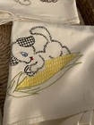 Vtg 1960   s Embroidered Hand Stitched Flour Sack Dish Towels Puppies And Veggies