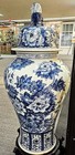 Blue  White Porcelain Chinoiserie Temple Jar  Hand Painted  Foo Dog Knob - 40 h