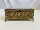 Ormolu Filigree Jewelry Box Casket Flowers Gold Tone Vanity Beveled Glass Vtg