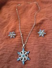 Silver Tone Blue Crystal Rhinestone Flower Pendant Necklace   Earrings Set