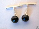 10mm Black Cultured Pearl Cuff Links - Sterling Silver  925 Chain Handmade New 