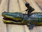 Vintage 1930s  J  Chein Large 15  Tin Wind Up Alligator With Rider Toy Works