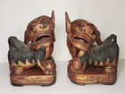 Pair Of Antique Chinese Foo Dogs Wood Carved Red Black Gilt Lions Shishi 10  Set