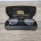 Antique 12k Gold Filled Eyeglass Frames Bi-focals Lens Black Round Rim W  Case