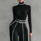 Women s Creative Elegant Stand Collar Contrast Color Binding Long-sleeved Knitte