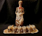 Antique Vtg Ernst Bohne Skeleton Decanter Set W  6 Cups Glass Eyes Skull   Bones