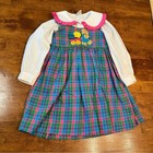 Vintage 2 Piece Plaid Dress With Bear Embroidery On Chest Blue Pink Green Size 4