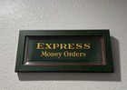 Early Framed Tin  express Money Orders  Railroad Sign Plaque Green Wood Frame