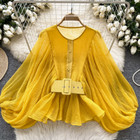 Womens Elegant Sheer Pleated Long Puff Sleeves Shirt Summer Loose Belt Blouse