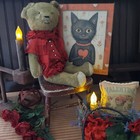 Steampunk Primitive Folk Art Antique Vintage Style Valentine Cat Hold Heart Sign
