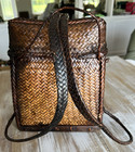 Vintage Filipino Rattan Woven Brown Wicker Backpack Lidded Gathering Basket