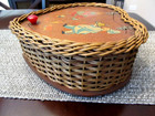 Large Vintage Heart Shaped Wicker   Wood Sewing Basket With Decals   Pin Cushion