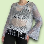 Floral Net Mesh Shirt Blue Bell Sleeves Fairycore Flowers See Through Sheer Boho