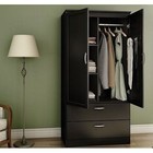 Modern Two Door Wardrobe Armoire With Two Drawers And Hanging Rod Storage  Black
